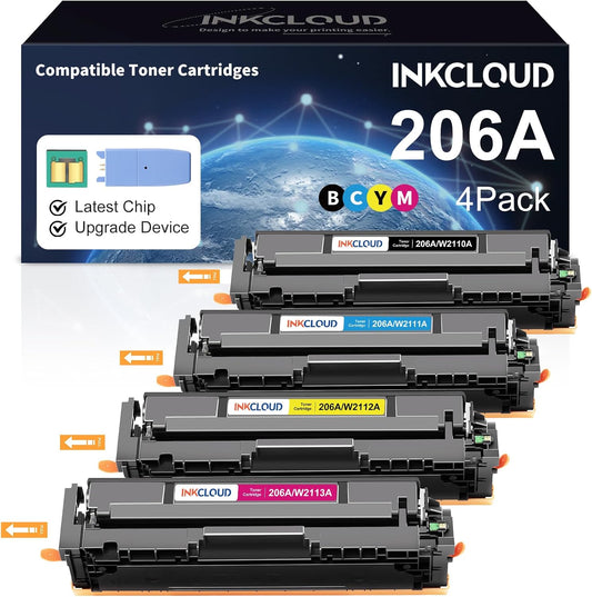 INKCLOUD 206A Toner Cartridges 4 Pack with Chip Compatible Replacement for HP 206A 206X W2110A W2110X Work with Color Pro MFP M283fdw M283cdw Pro M255dw M283 M255 Printer Ink High Yield Toner