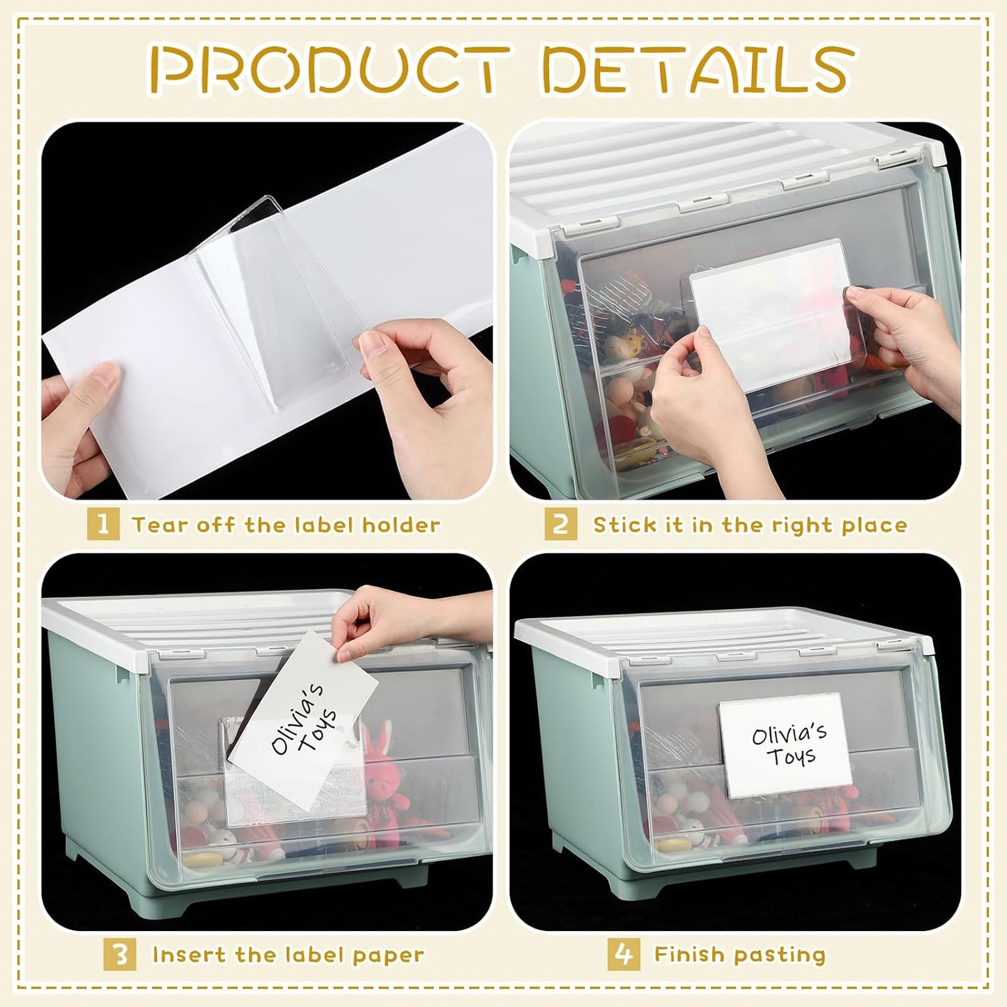 Jeyiour 100 Pcs Label Holders Adhesive Nameplate Pockets Storage Bin Labels Index Card Holder Shelf Plastic Peel Stick for Classroom Supermarket Bookshelf Library Student Box Drawer (4.3 x 6.5 Inch)