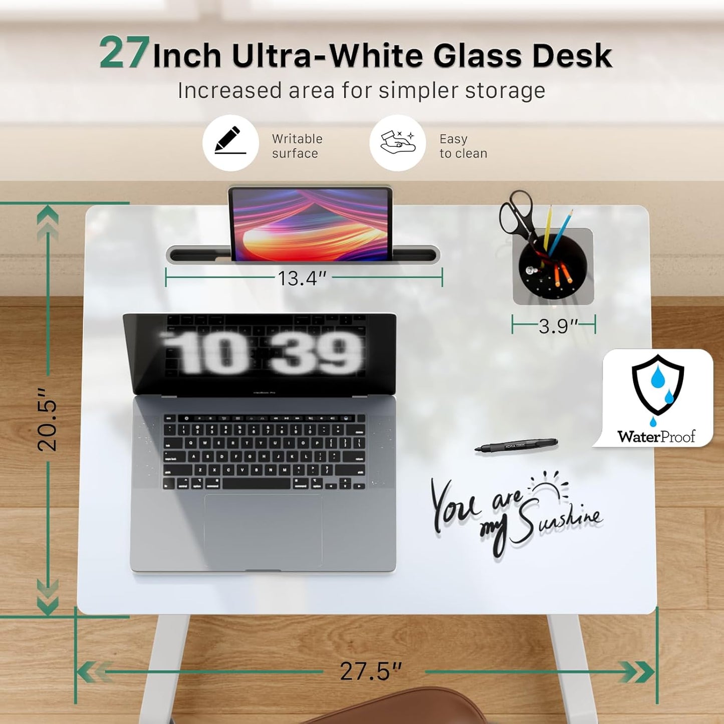 Glass Mobile Standing Desk, Height Adjustable Rolling Laptop Table, 27 inches Portable Sit Stand Desk with Wheels and Hook, Pneumatic Computer Workstation, White