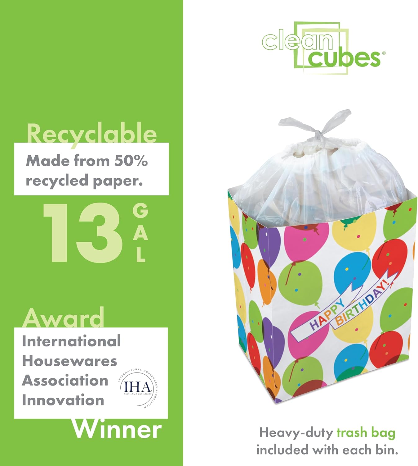 | 13 Gallon Disposable Trash Cans (6-Pack) with Fitted Trash Bags - Reusable Garbage and Recycling Bins for Parties, Events, and More (Birthday - 17" Height x 13.5" Width x 10" Depth)