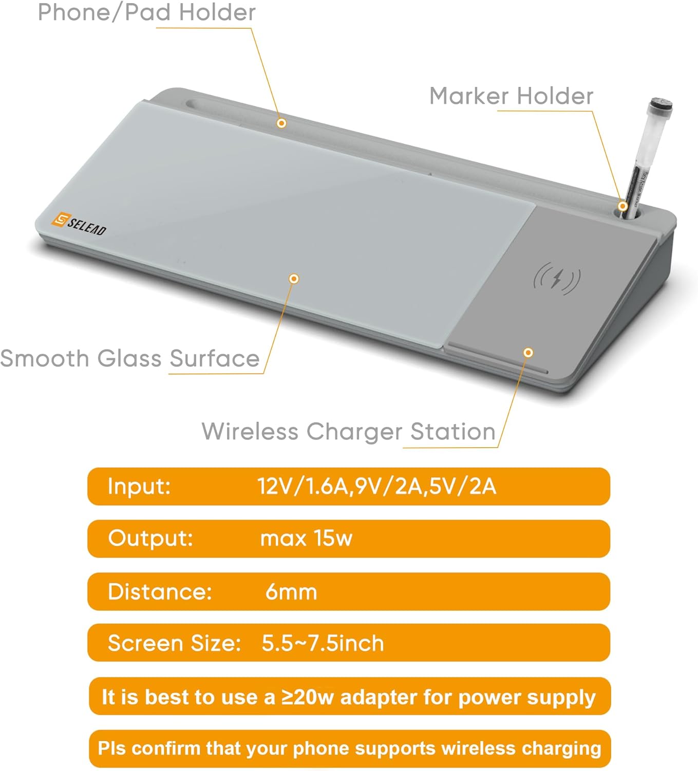 SELEAD Desktop Glass Whiteboard with Wireless Charger Station, Dry Erase White Board Computer Pad Keyboard Stand with Organizer for Home, School, Office Desk Accessories, Gray