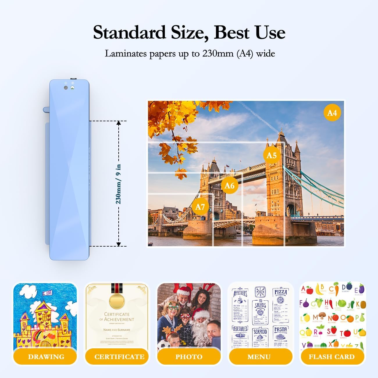 Crenova Laminator Machine with 10 Laminating Sheets, A4 Laminating Machine Hot & Cold with Fast Warm Technology, Thermal Laminator 9 Inch for Home Office School Business Blue