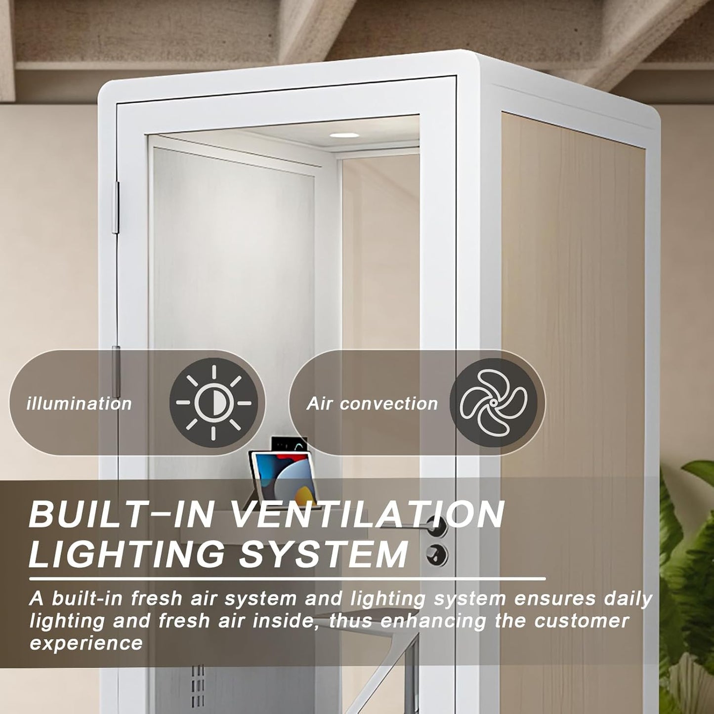 Office Sound Booth with Audio Privacy - Removable Soundproof Booth Includes White with Wood Grain Side Trim,Soundproof Room with Light,Fans, Socket for Singing Room,Telephone Booth (41.33IN)