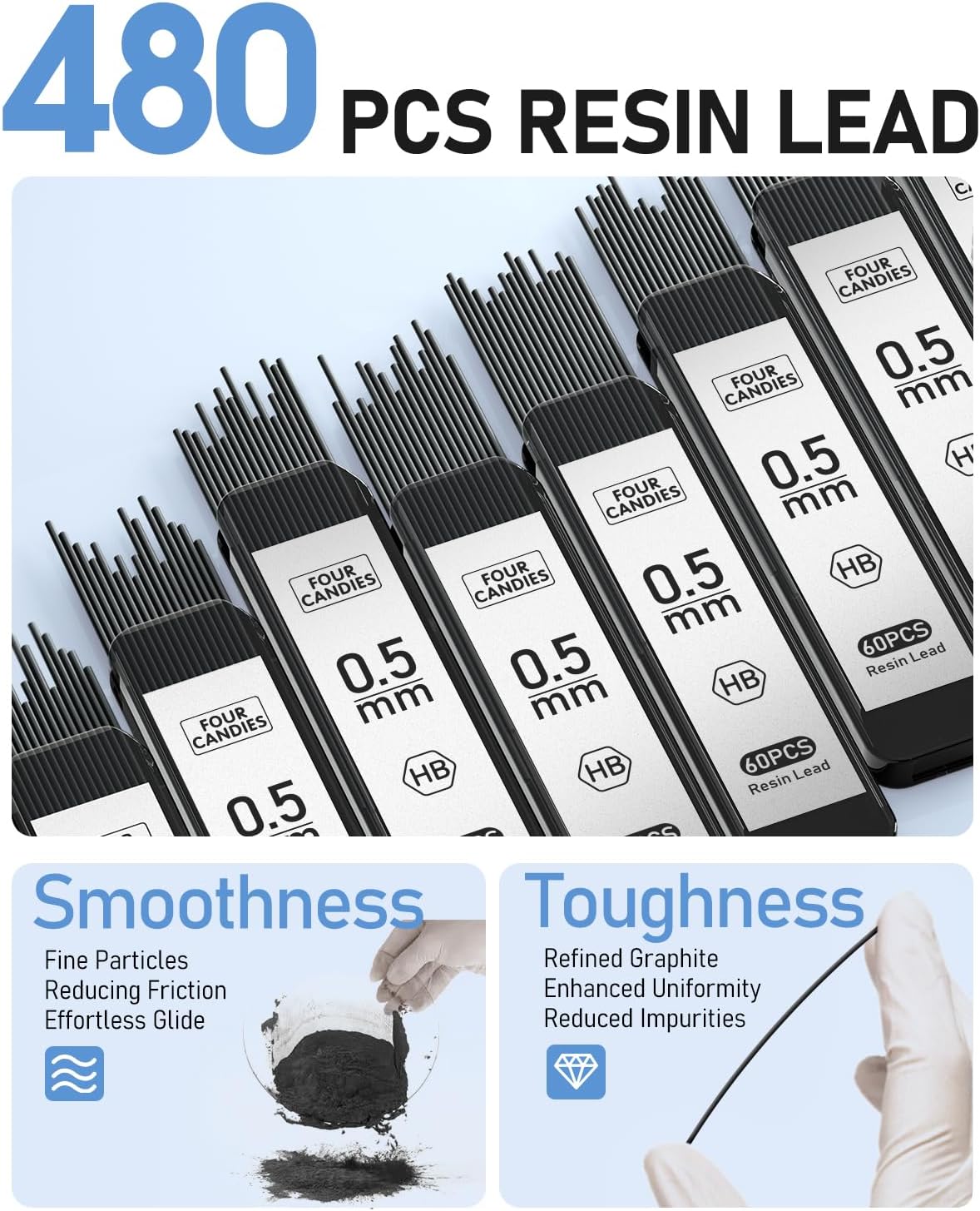 Four Candies 0.5mm Mechanical Pencil Set with Case, 3PCS Metal Artist Lead Pencil with 8 Tubes (480PCS) HB Lead Refills, 3 Erasers, 9 Eraser Refills For Engineer Art Writing Drawing Drafting, Black