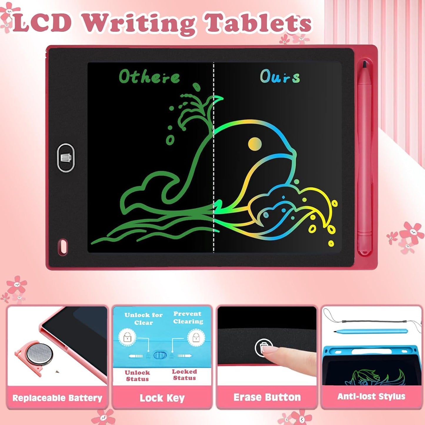 2 Pack LCD Writing Tablet for Kids 8.5 Inch Colorful Toddler Drawing Board Kids Travel Games Activity Learning Doodle Board Toys Gift for Age 3 4 5 6 7 8 Year Old Girls Boys (Blue+Pink)