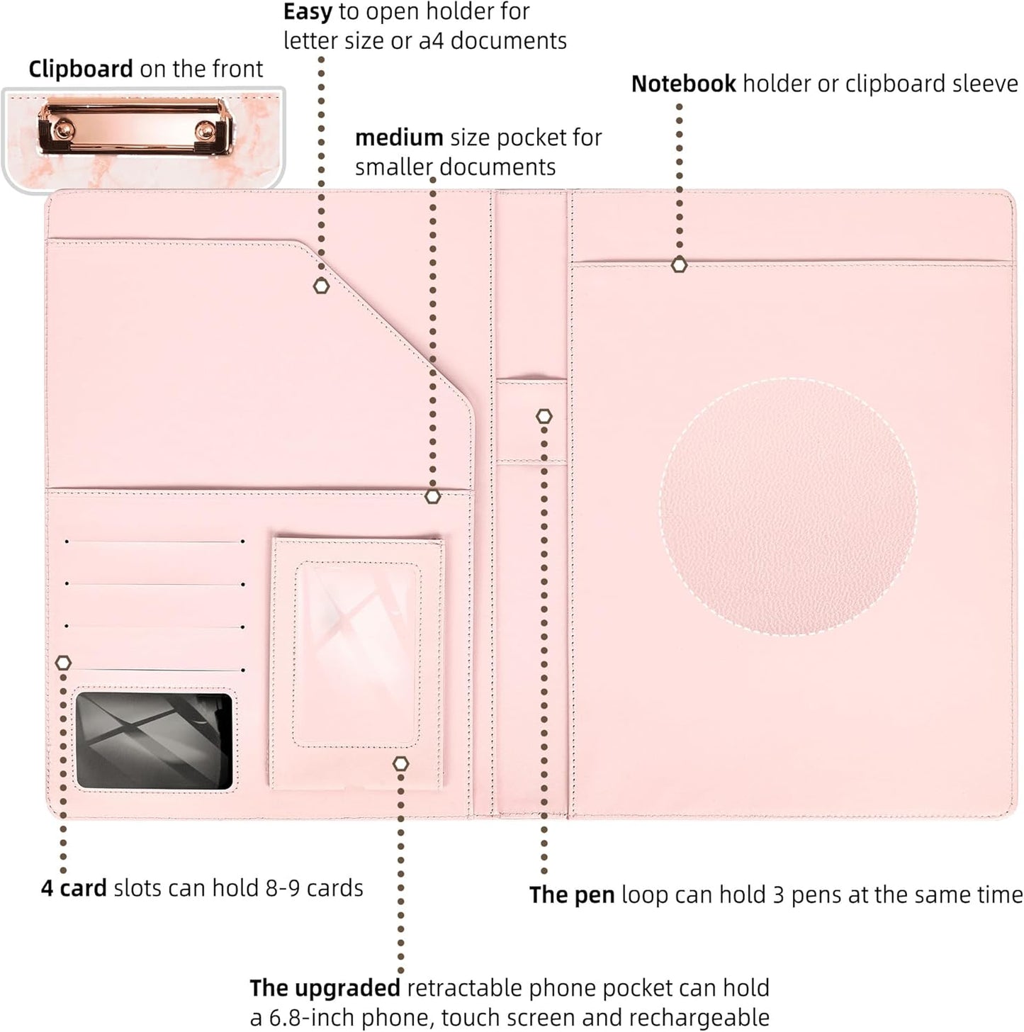 Ospelelf Pink Padfolio for Women Storage Clipboard Folio with Notepad Leather Portfolio Binder for Teacher