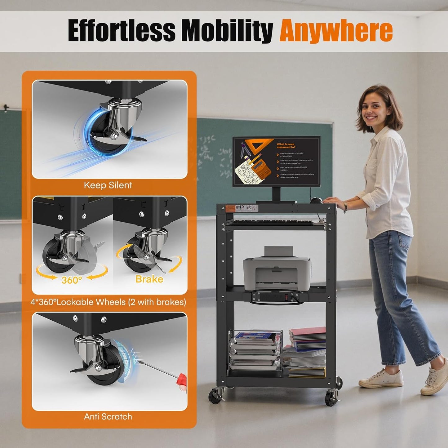 AV Presentation Cart Stand for Video Projector,TV,Laptop Computers,Printers,Metal Construction Rolling Cart with Adjustable Shelves,4 Wheels,4 Outlets, 5.75ft Cord,Support 300 lbs,Black