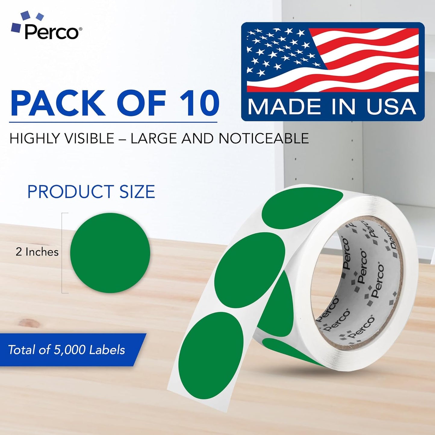 Perco Green 2-Inch Perforated Circle Dot Sticker Labels — 10 Rolls, 5,000 Round Stickers — with Permanent Adhesive for Organizing, Color Coding, Bin Labeling, Packaging Alerts—Made in USA