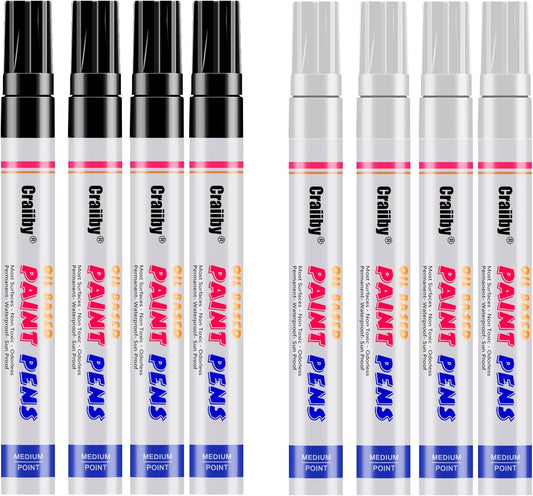 White & Black Paint Markers, 8 Pack Oil-Based Waterproof Quick Dry and Permanent Paint Pen Set for Rocks Painting, Wood, Plastic, Canvas, Glass, Mugs, Metal, Tire, Stone, DIY Craft