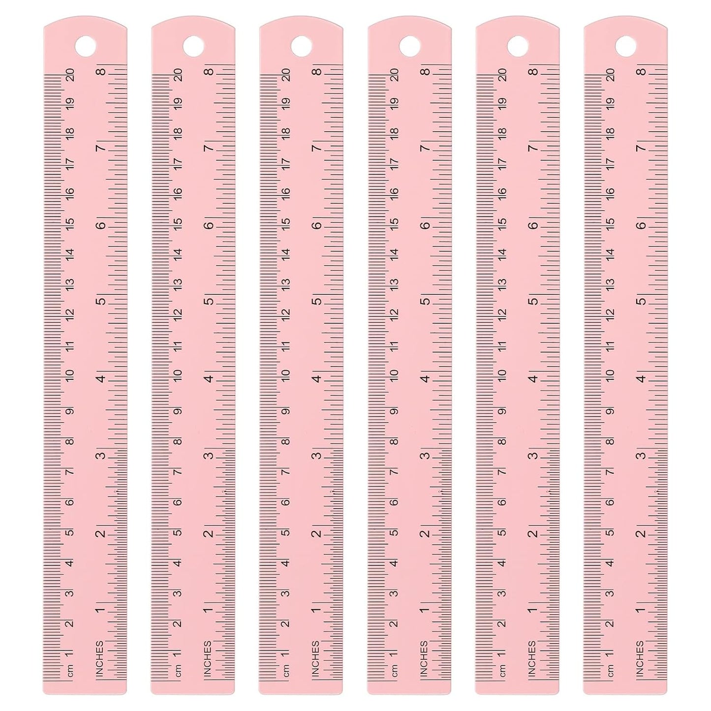 HARFINGTON 6pcs Metal Straight Ruler 20cm Metric SAE Aluminum Alloy Measuring Rulers Scale Tool with Hole for Measure Study Reading Classroom Office, Pink