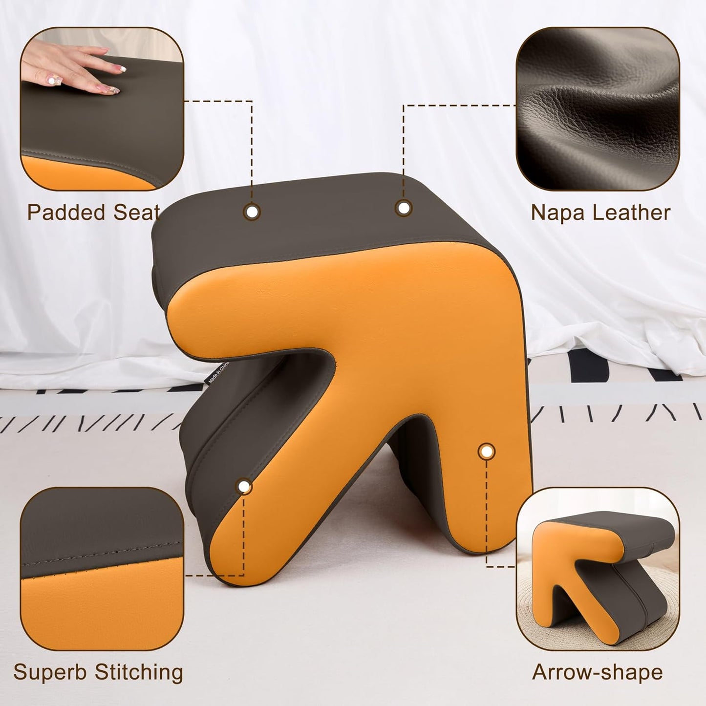 H&B Luxuries Ottoman, Foot Stool with Creative Shape, Napa Leather Ottomans, Removable Outer Foot Rest, No Assembly Required, Ottoman for Living Room, Bedroom, Entrance, Gray Yellow