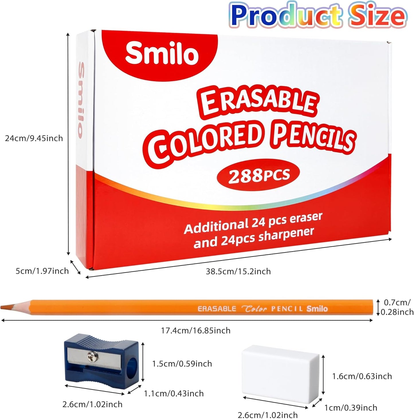 Smilo 336-Pack Erasable Colored Pencils Set - 288 Pre-Sharpened Pencils Bulk (12 Colors) + 24 Sharpeners & 24 Erasers - Back to School Supplies for Classroom, Teachers, Students