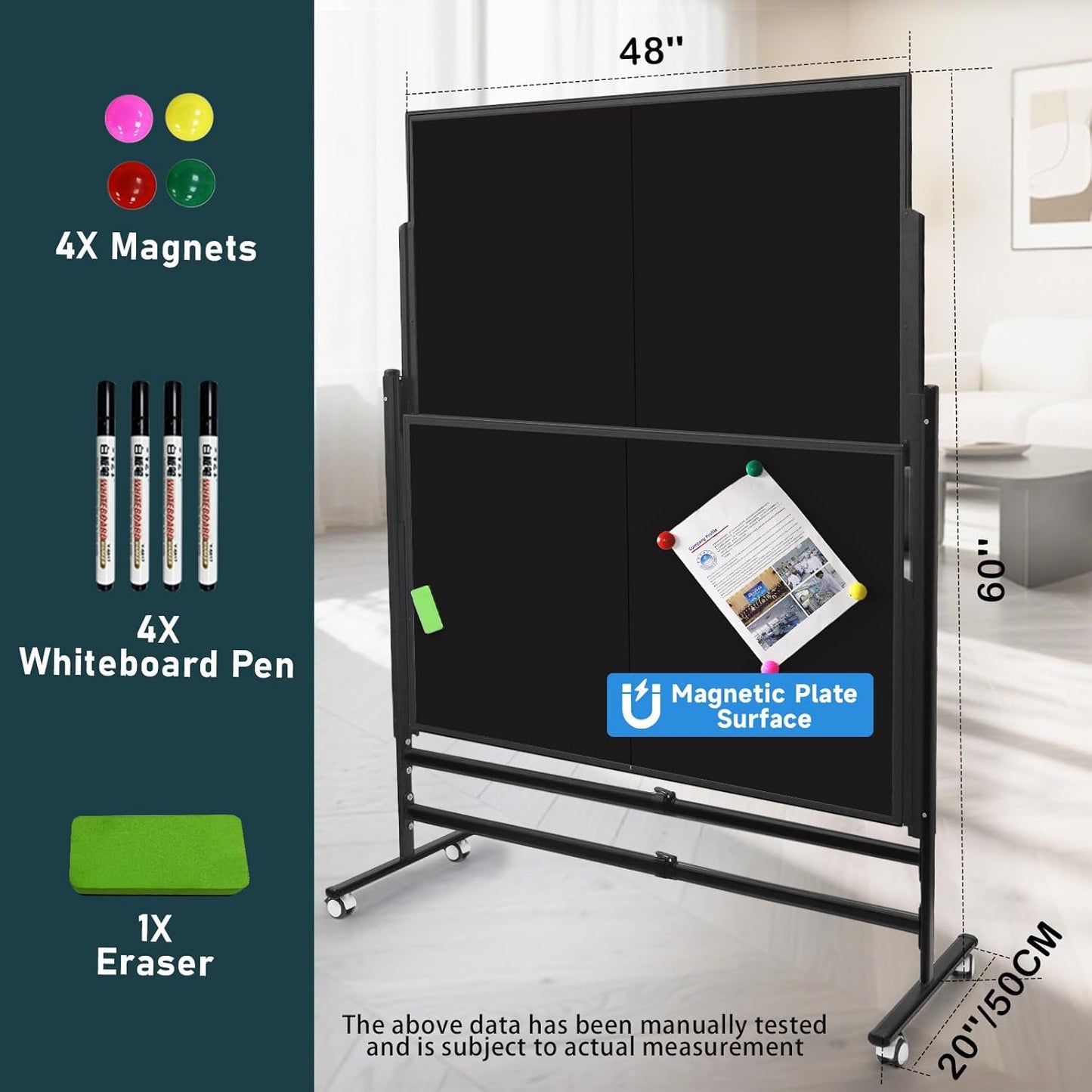 60x48 Inch Large Rolling Blackboard | Height Adjustable Double-Sided Magnetic Blackboard on Wheels | for Classroom, Home & Office Use