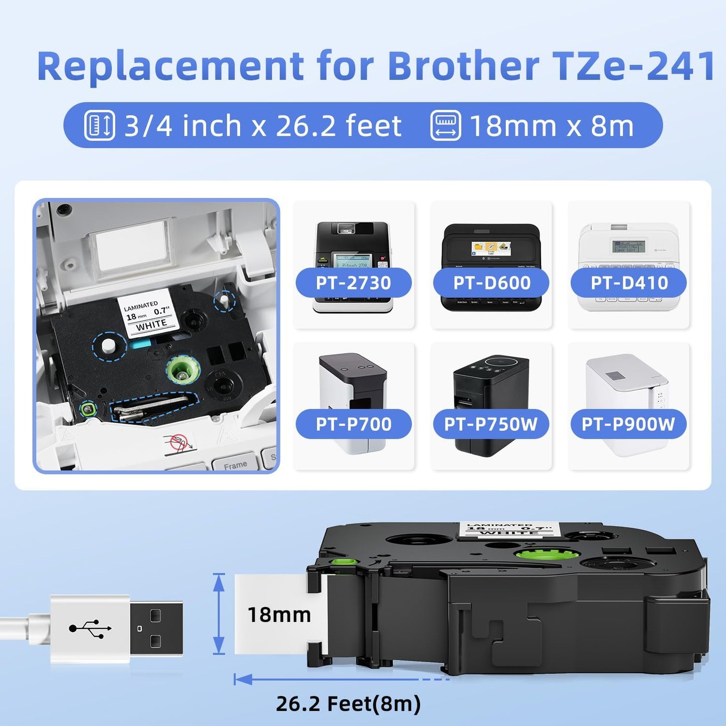 Label KINGDOM 18mm 0.7” Label Maker Tape Compatible with Brother P Touch TZe-241 Laminated White TZ Tape for PT-D410 D400 D600 P700 Printer, TZ-241 (3/4in x 26.2ft) 4-Pack