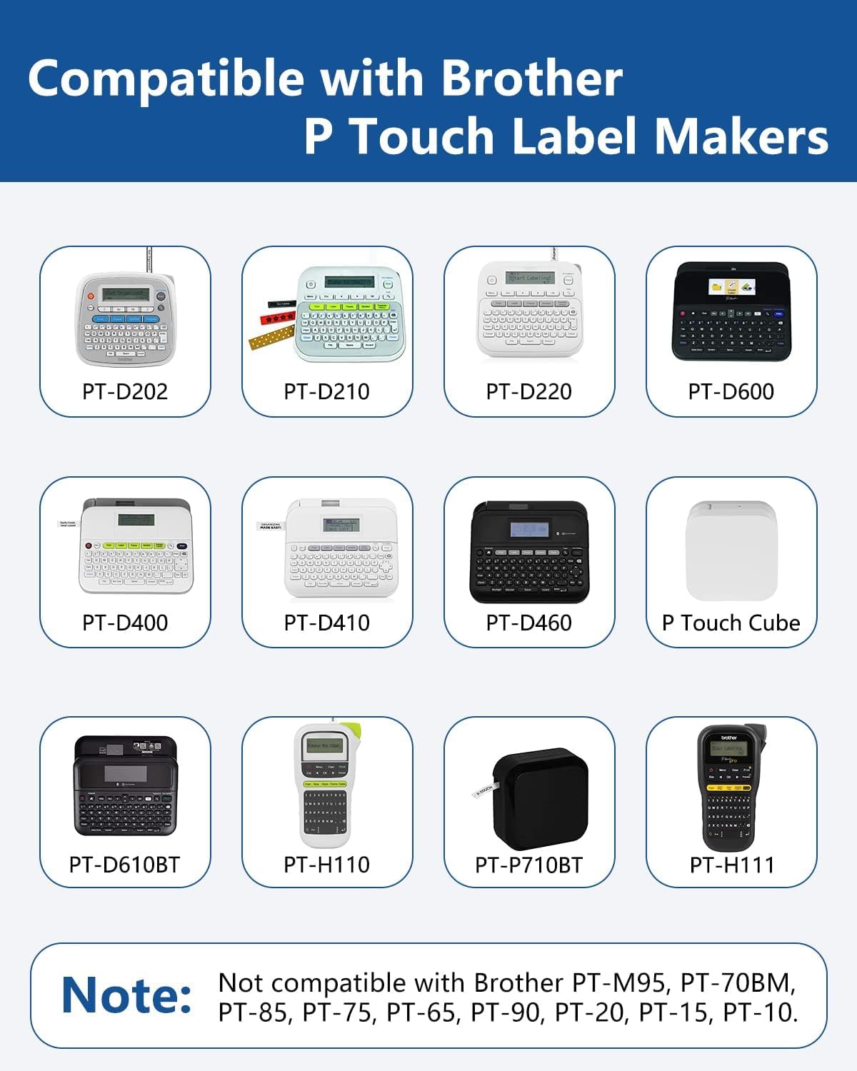 Tze TZ Tape 12mm 0.47 Laminated White Compatible for Brother Label Maker Tape 12mm 1/2" Black on White Tape for Ptouch PT PTD200 PTD410 D210 D220 D610 P710BT PTH110, 10-Pack