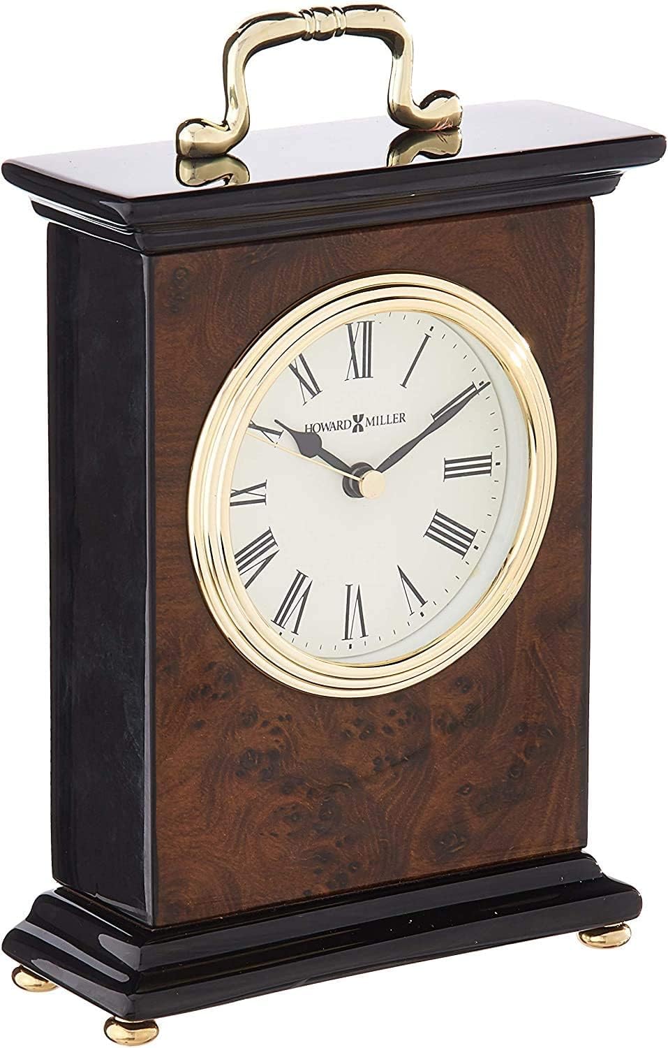 Howard Miller Berkley Table Clock - Roman Numerals Walnut Wood Finish Desk Clock- Vintage Mantel Clock with Brass Handle - Silent Quartz Movement Desk Clocks for Home, Office, Bedroom, Living Room