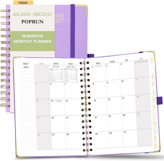 POPRUN Monthly Planner 2026-2027 Spiral Hardcover (6.25'' x 8.5''), 18 Months Calendar (Jan.2026-Jun.2027) - 2 Pages per Month with Dotted Note Pages, Sunday Start, Laminated Tab - Violet