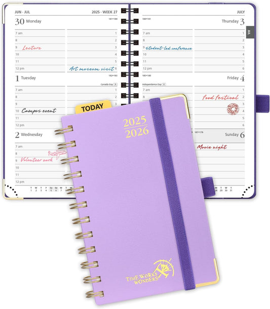 POPRUN Pocket Planner 2025-2026 (Spiral Hardcover - 4''x 6.25''), Daily Weekly and Monthly (July 2025 - June 2026) with Hourly Time Slots, for Purse, 100 GSM - Violet