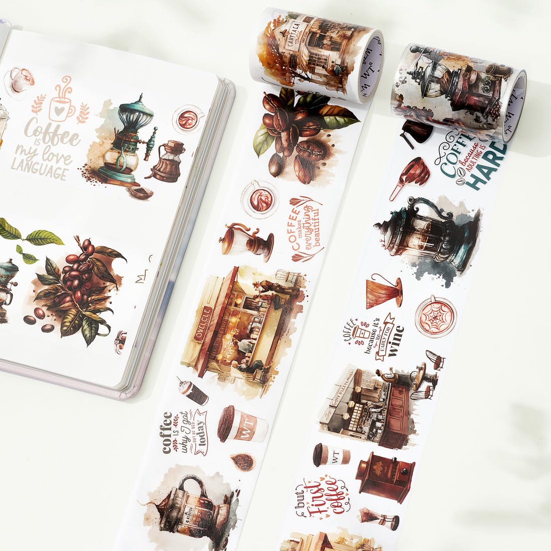 WT Caffeine Canvas Wide Washi Tape, Single Roll, Original Designs, Watercolor Vintage Cafe Paper Tape, Coffee Theme for Journals, Scrapbooks, Bujo Planners, DIY Crafts Supplies