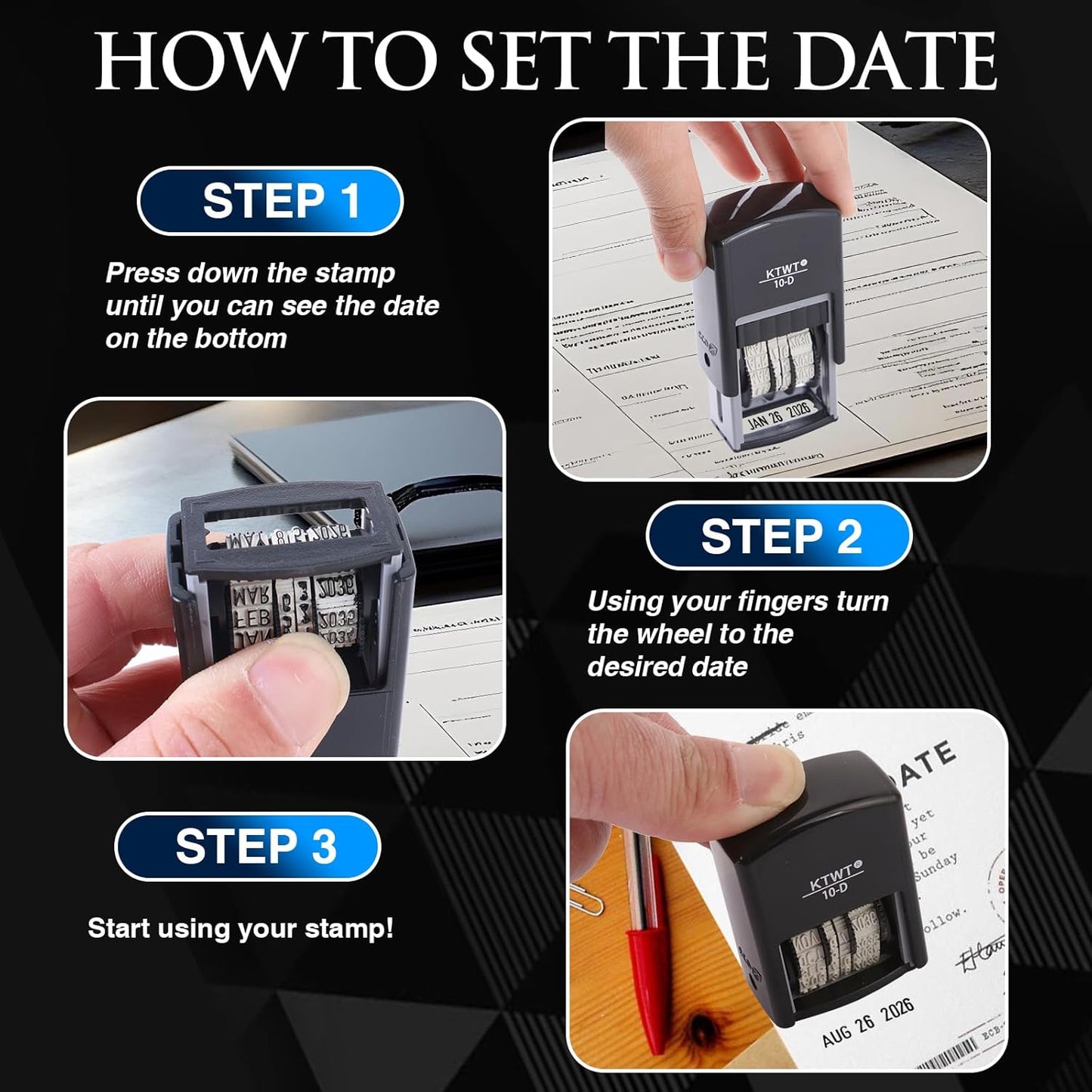 Date Stamp, Self-Inking Date Stamps, US Format MMM-DD-YYYY, Black Impression – 3/4" x 1", Self-Inking Date Stamp for Marking Office documents, Legal Papers, Bills, Mail, Teachers Correcting Homework