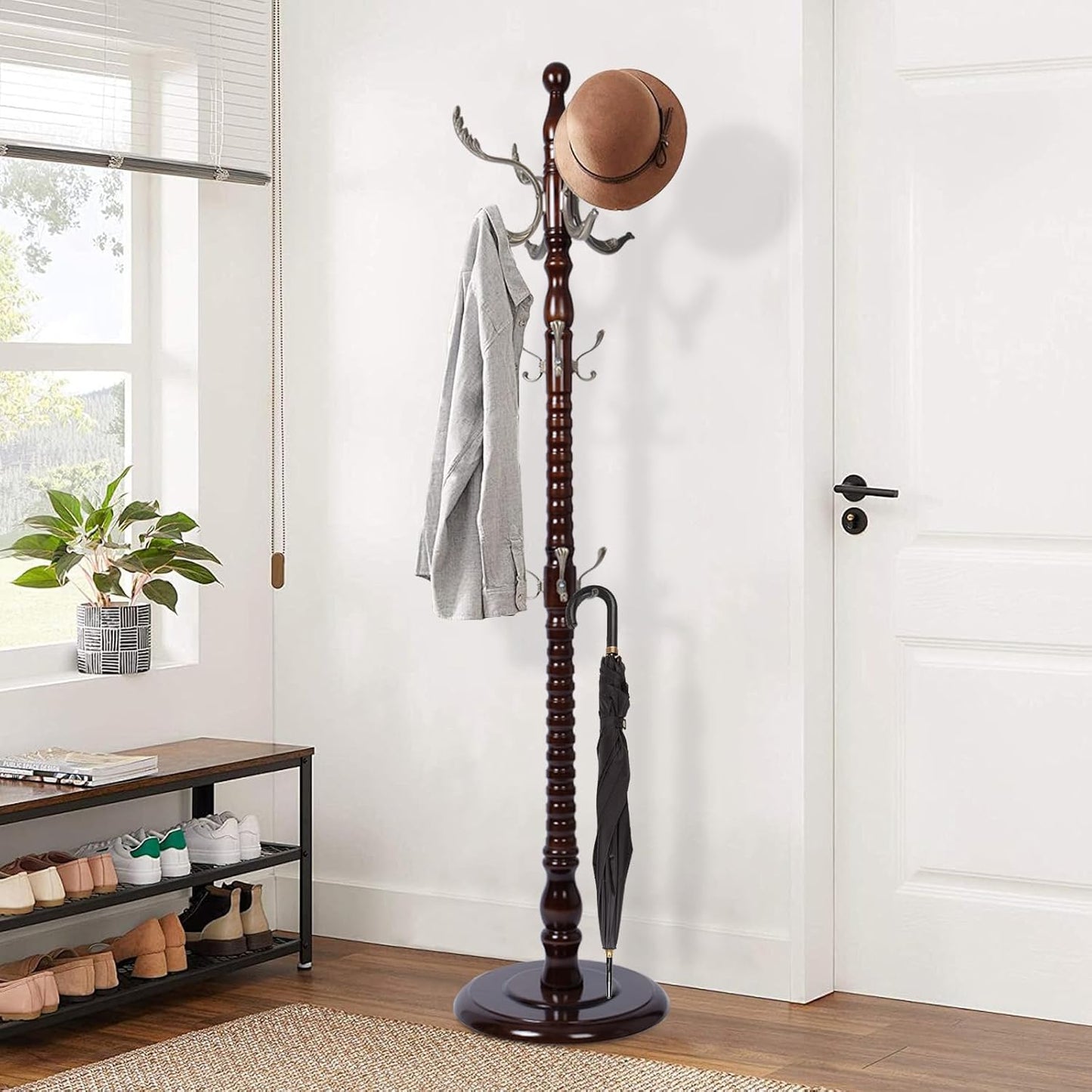 Wooden Coat Rack Freestanding, Vintage Coat Racks with Sturdy Round Base, Adjustable Height 37.40"-72.83" Entrance Coat Rack for Bedroom Living Room Entryway (Nostalgic)