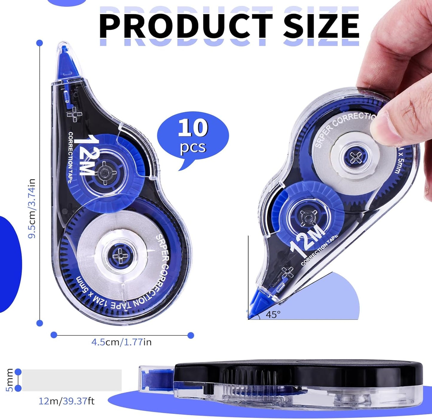 Correction Tape, 10 Pack Correction Tape Easy To Use Applicator for Instant Corrections, 39 ft Each for Study Supplies and Office Products (Blue)