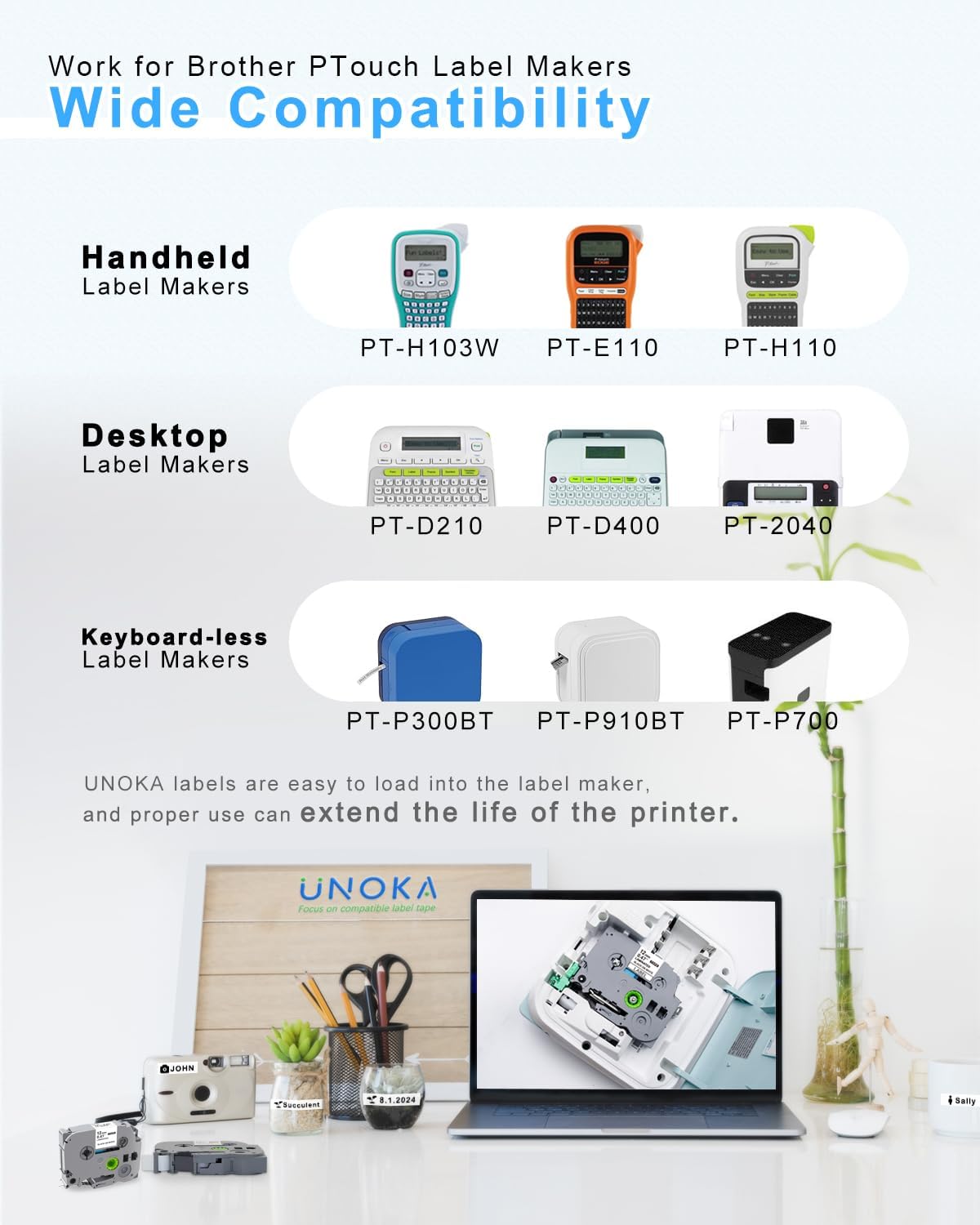 UNOKA Ptouch Tape 12mm 0.47 White Laminated Compatible with Brother Label Maker PTH110 PTD220 PTD210, TZe TZ Tape TZe-231 Black Ink on White Refills, Waterproof, Indoor/Outdoor Use, 2 Pack
