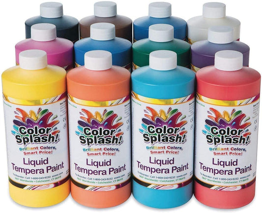 S&S Worldwide Color Splash! Liquid Tempera Bulk Paint, Set of 12 in 11 Bright Colors, 32-oz Easy-Pour Bottles, Great for Arts & Crafts, School, Classroom, Poster Paint, For Kids & Adults, Non-Toxic.