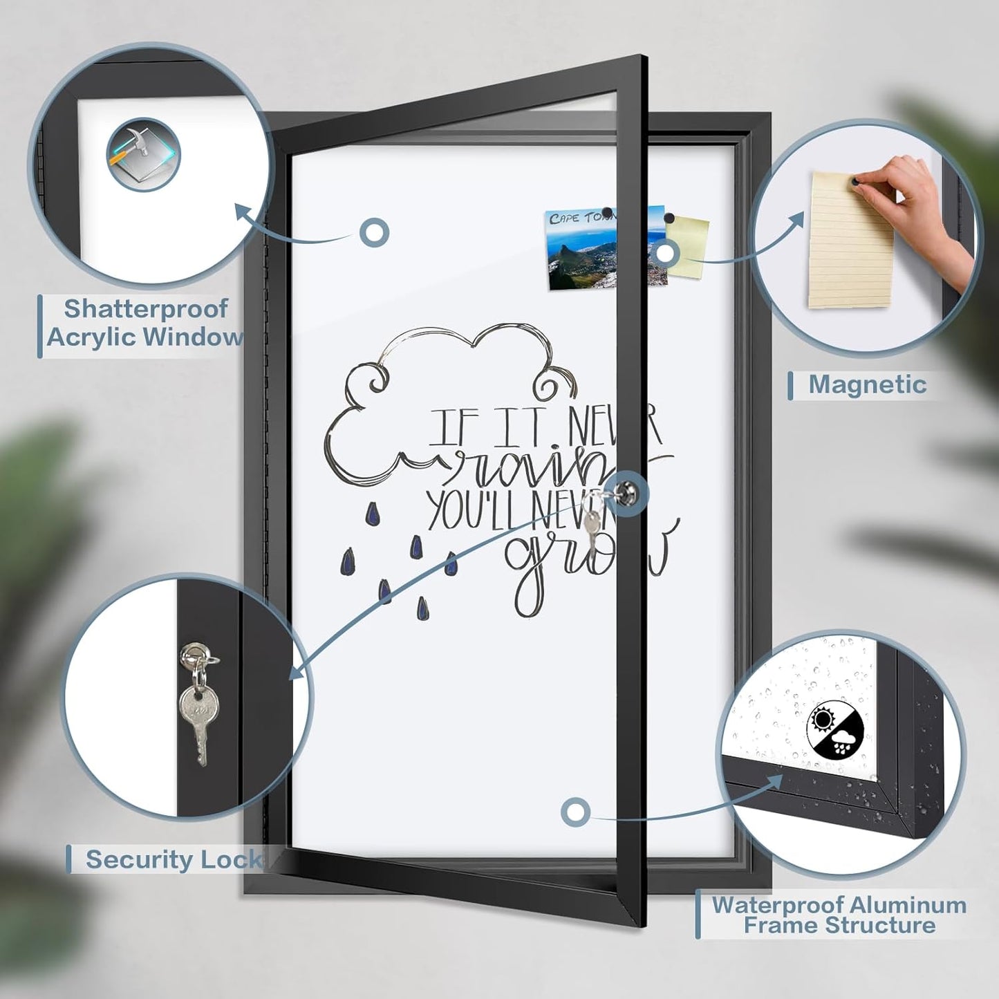 Outdoor Bulletin Board 36x24 in, Weatherproof Enclosed Bulletin Board with Locking Door, Magnetic Whiteboard, Black Aluminum
