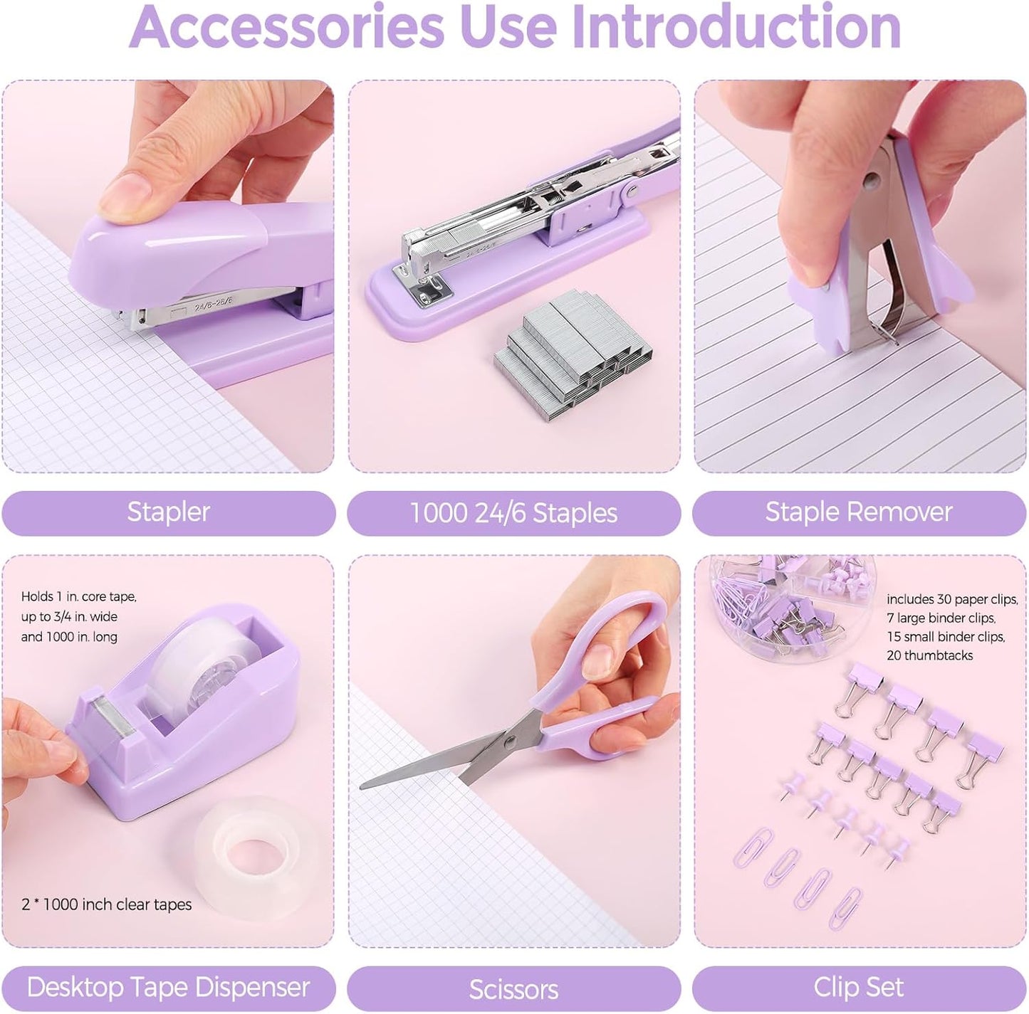 SKYDUE Purple Desk Accessories, Purple Office Supplies Set, Stapler, Tape Dispenser, Scissors, Binder/Paper Clips and 1000pcs Staples,Office Supplies for Women