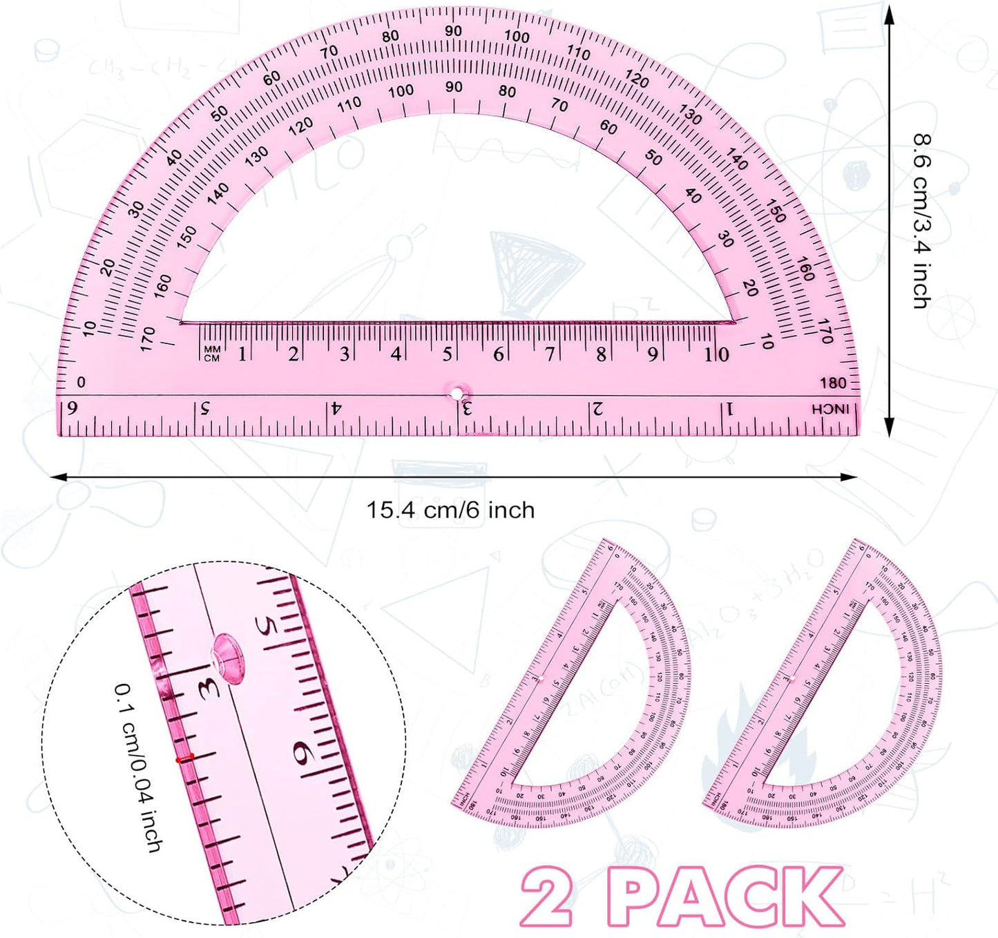 Zonon 2 Pcs 6 Inch Plastic Protractor Math Protractors 180 Degrees Angle Measurement, Translucent for Geometry Classroom Kid Student School Office Supplies(Light Pink)