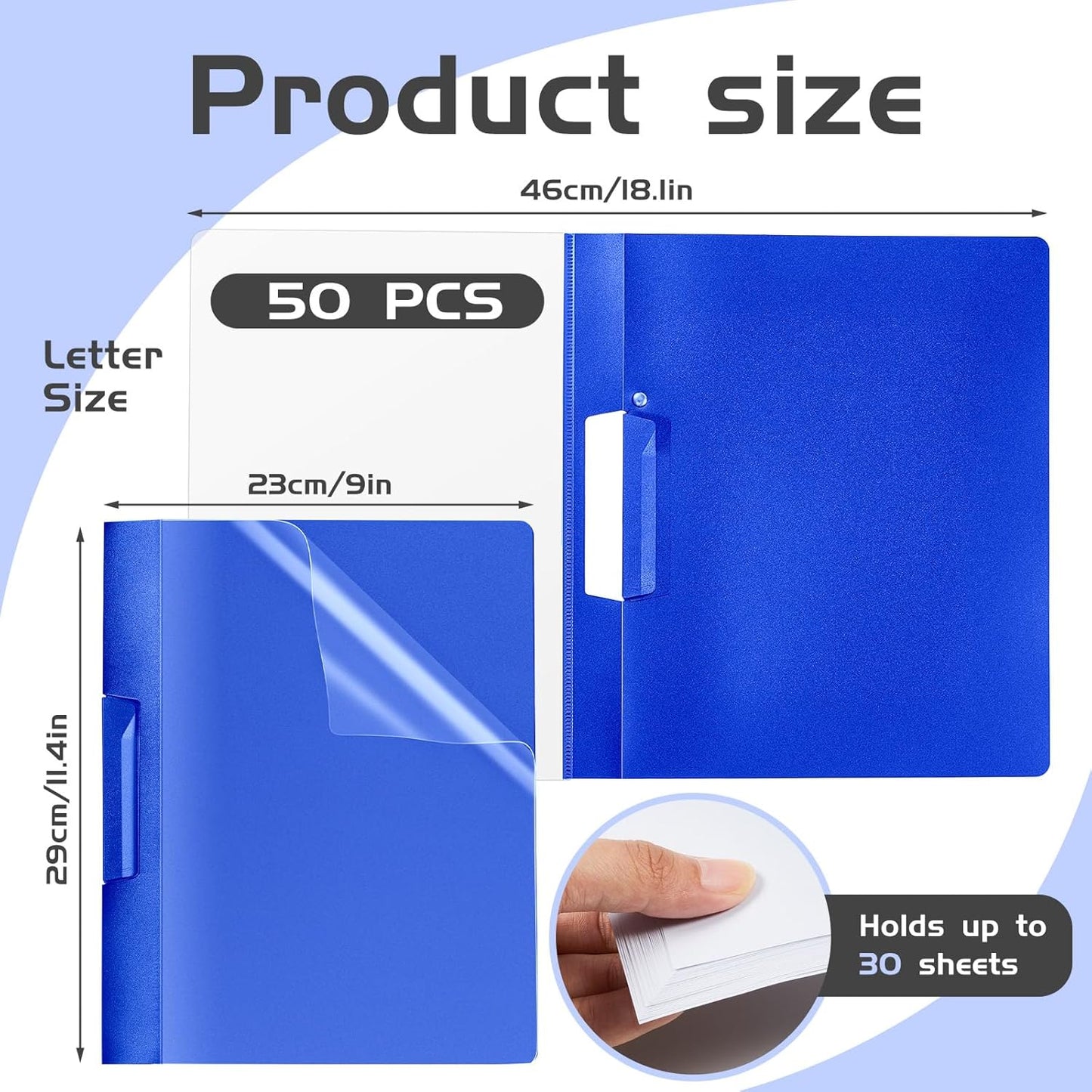 Maitys 50 Pack Clear Report Covers with Clip 11.4 x 9 Inch Presentation Folders Transparent Front Portfolio Folders for Letter Size(Blue)