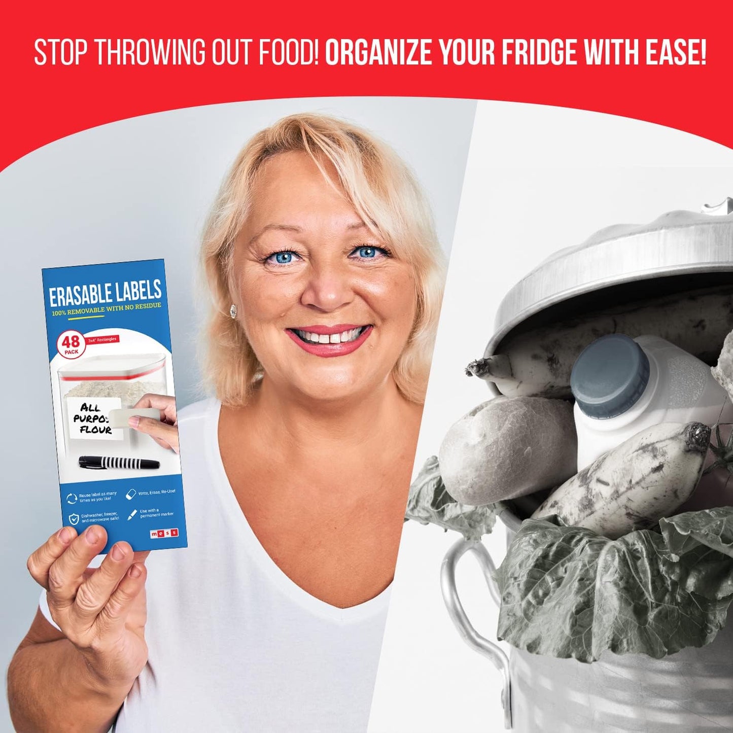 MESS Reusable Kitchen Labels – White Dry Erase, 3x4 in, 48-Pack – Erasable Organizing Stickers for Fridge & Freezer