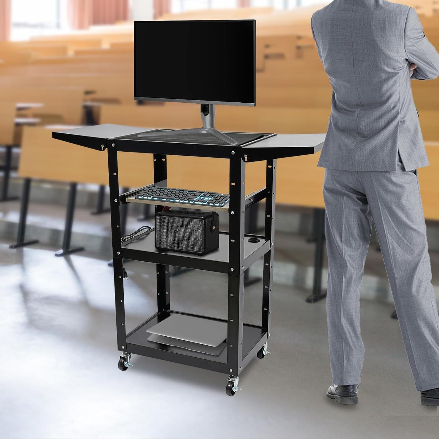 Black Steel AV Cart with Wheels & Power Strip Height Adjustable Rolling Computer Cart w/Folding Drop Leaves Media Cart Projector Cart, 300 LBs, 24 * 18 * 41.75in