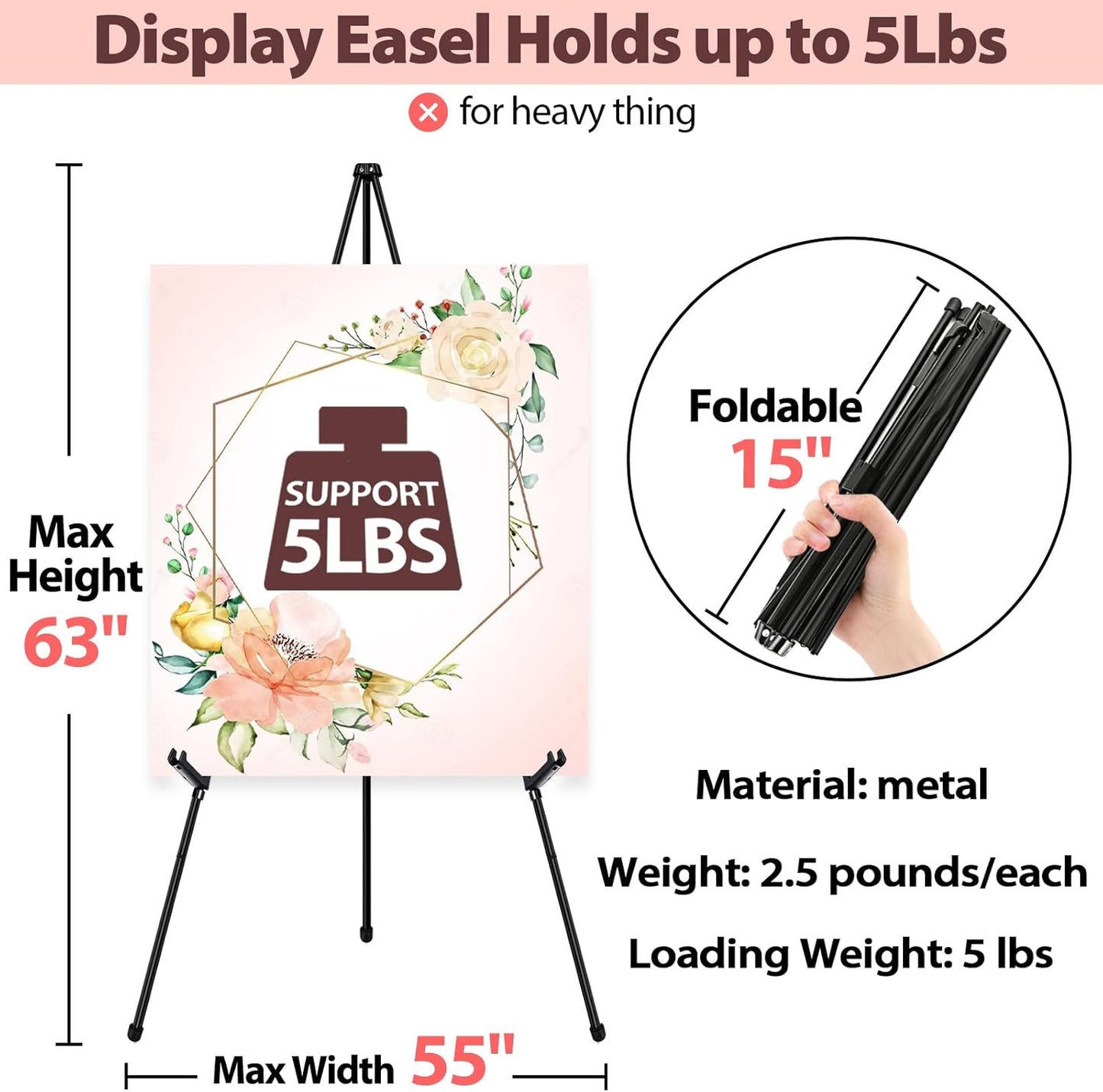 Black Easel Stand for Wedding Signs, Posters & Paintings - 63" Adjustable Portable Display Easel for Welcome Signs, Art Canvas, Pictures - Folding Tripod Stand with Carry Bag (1 Pack)