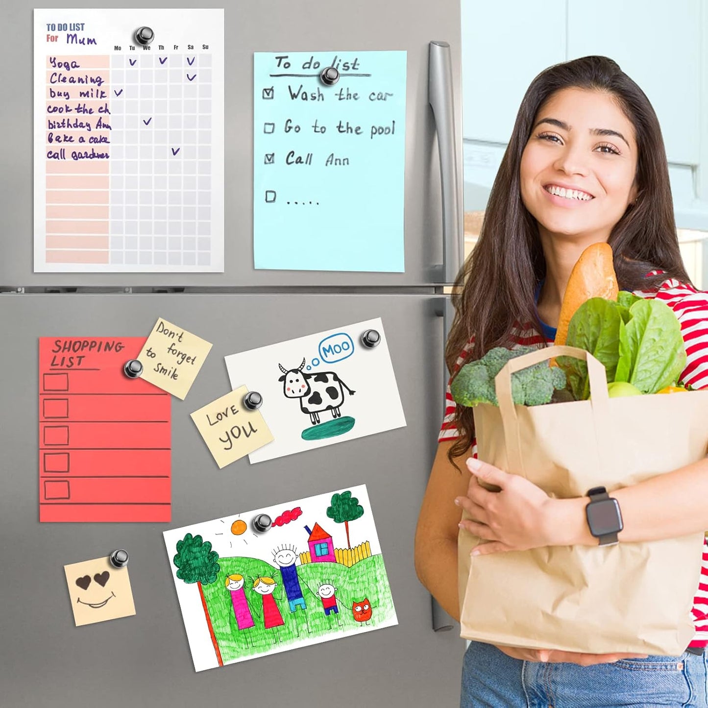 Pack of 24 Black Fridge Magnets Strong Refrigerator Magnets Push Pins Magnets for Whiteboard Office Classroom Map Kitchen Office Locker