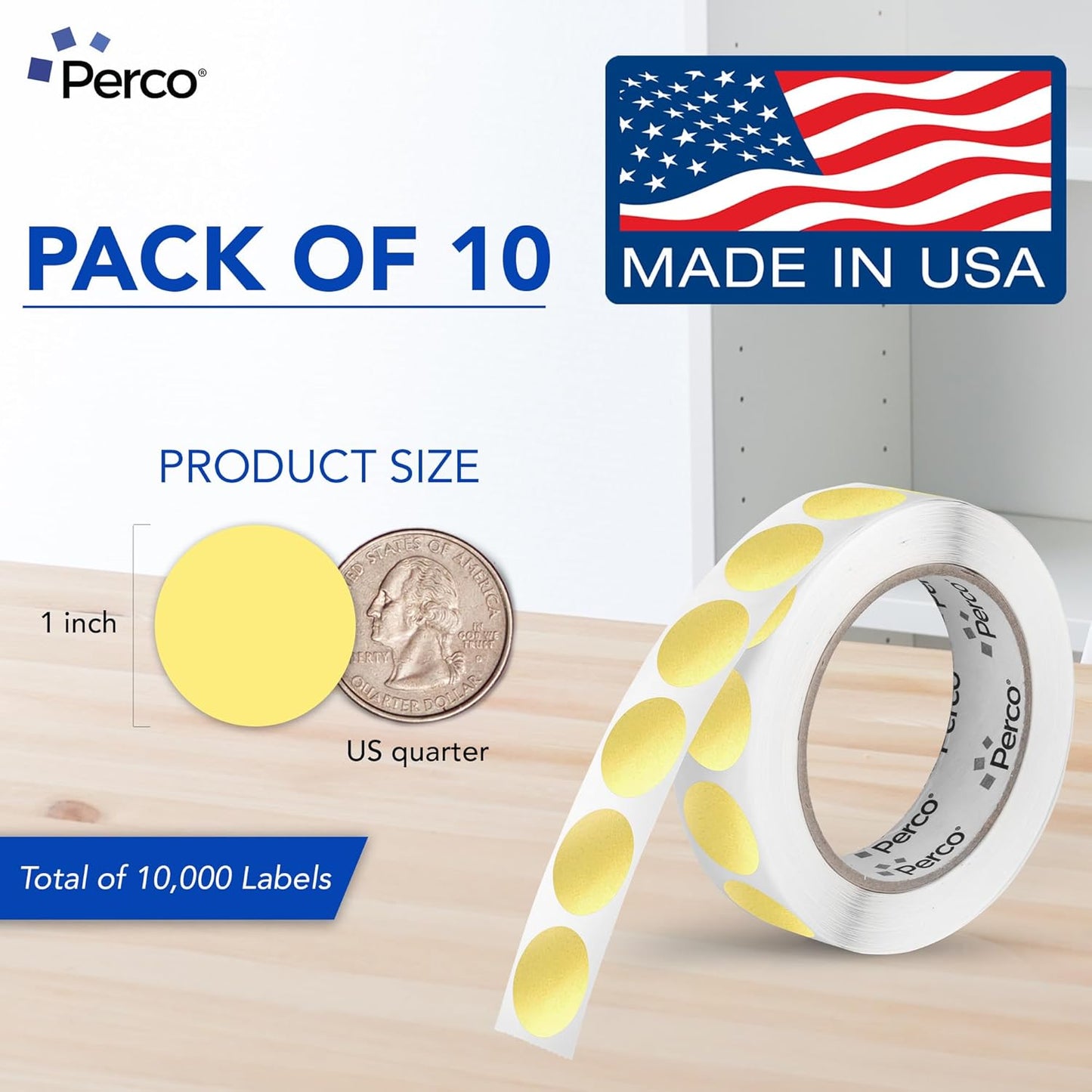 Perco Metallic Gold 1-Inch Perforated Circle Dot Sticker Labels — 10 Rolls, 10,000 Round Stickers — with Permanent Adhesive for Awards, Invitations, Events, Gift Packaging, Crafting — Made in USA
