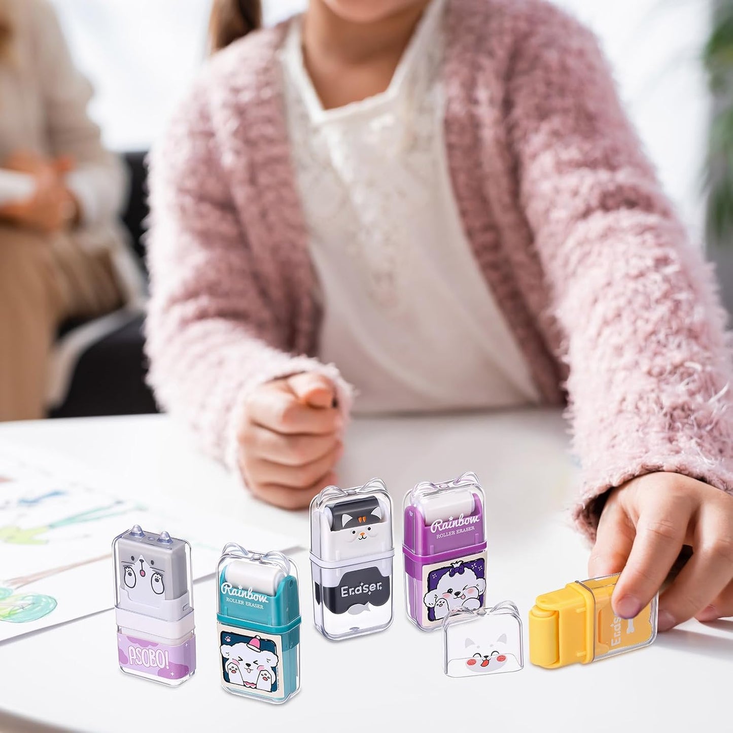 Seajan 44 Pcs Erasers for Kids Gift Bulk Cute Animal Themed Pencil Eraser with Clean up Roller for School Party Christmas Favors (Cute)