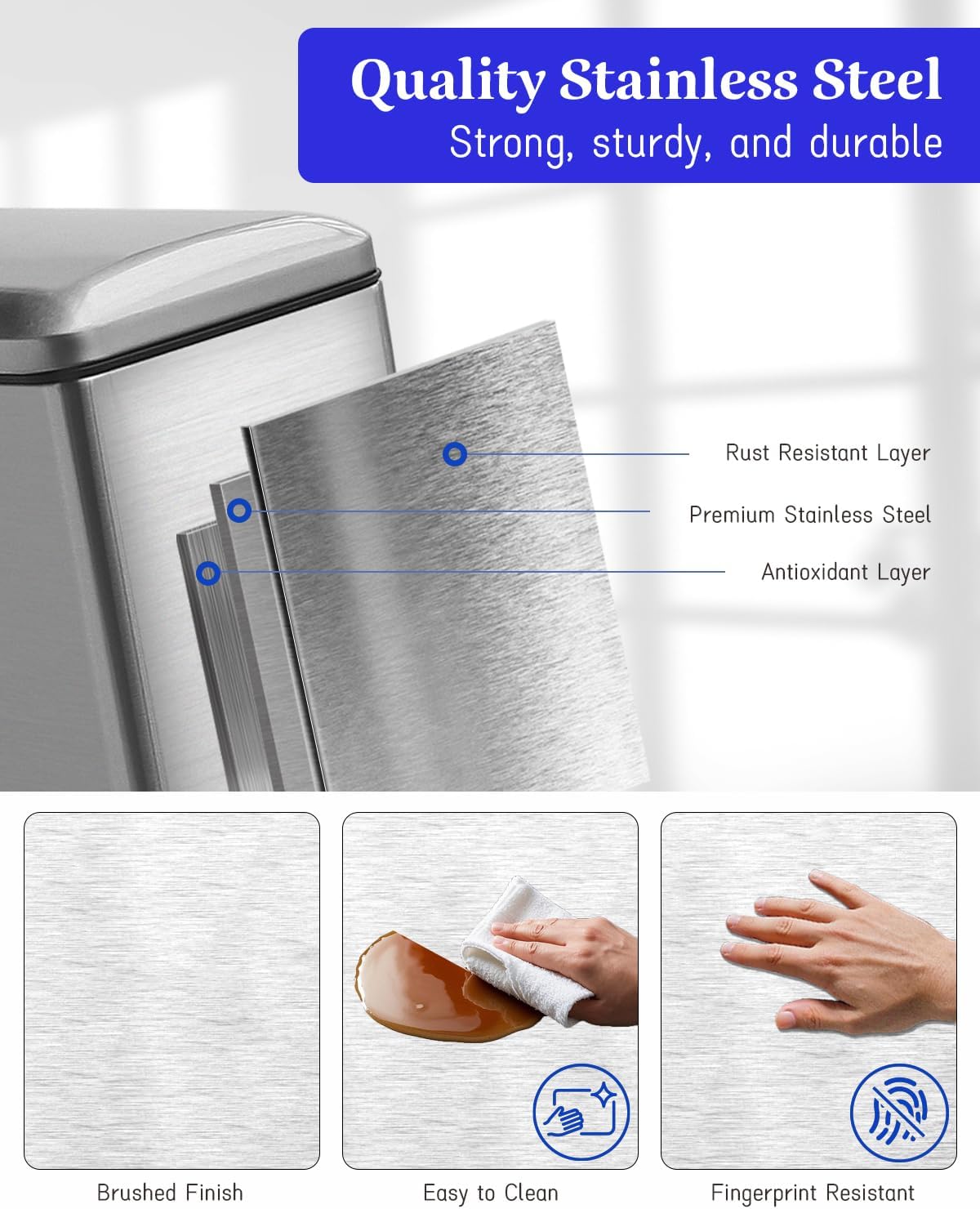 Rubbish Bin with Lid, 10 L, Stainless Steel Waste Bin, Bathroom, Pedal Bin, Stainless Steel for Bathroom, Bedroom and Office