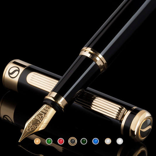 Scriveiner Black Lacquer Fountain Pen - Stunning Luxury Pen, Real Gold Plating, Schmidt Gilded Nib (Fine), Best Pen Gift Set for Men & Women, Professional, Executive, Office, Nice Pens