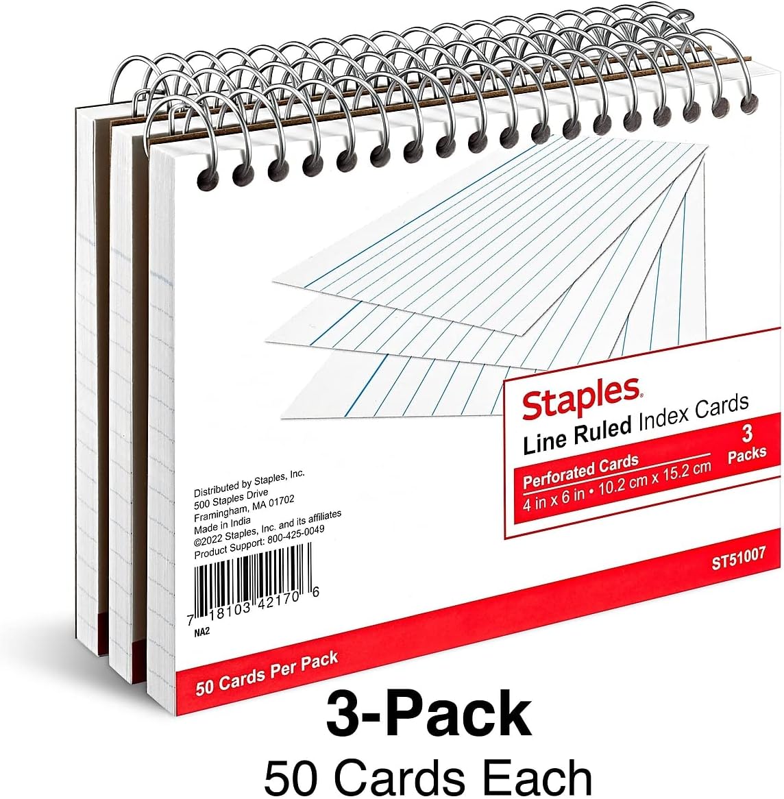 STAPLES TRU RED 4" x 6" Index Cards, Lined, White, 50 Cards/Pack, 3 Packs (TR51007)
