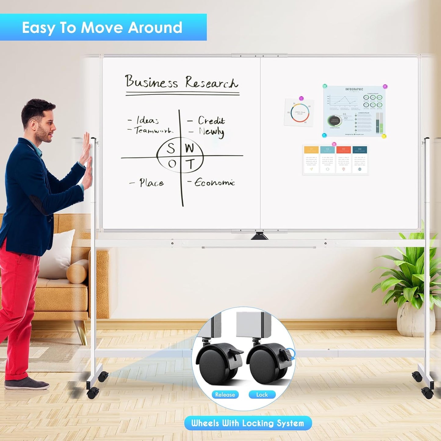 maxtek Rolling Whiteboard, 72x48 Large Double-Sided White Board Dry Erase on Wheels, Giant Magnetic White Board Standing for Office, School, Home Office, Homeschool(72 x 48)