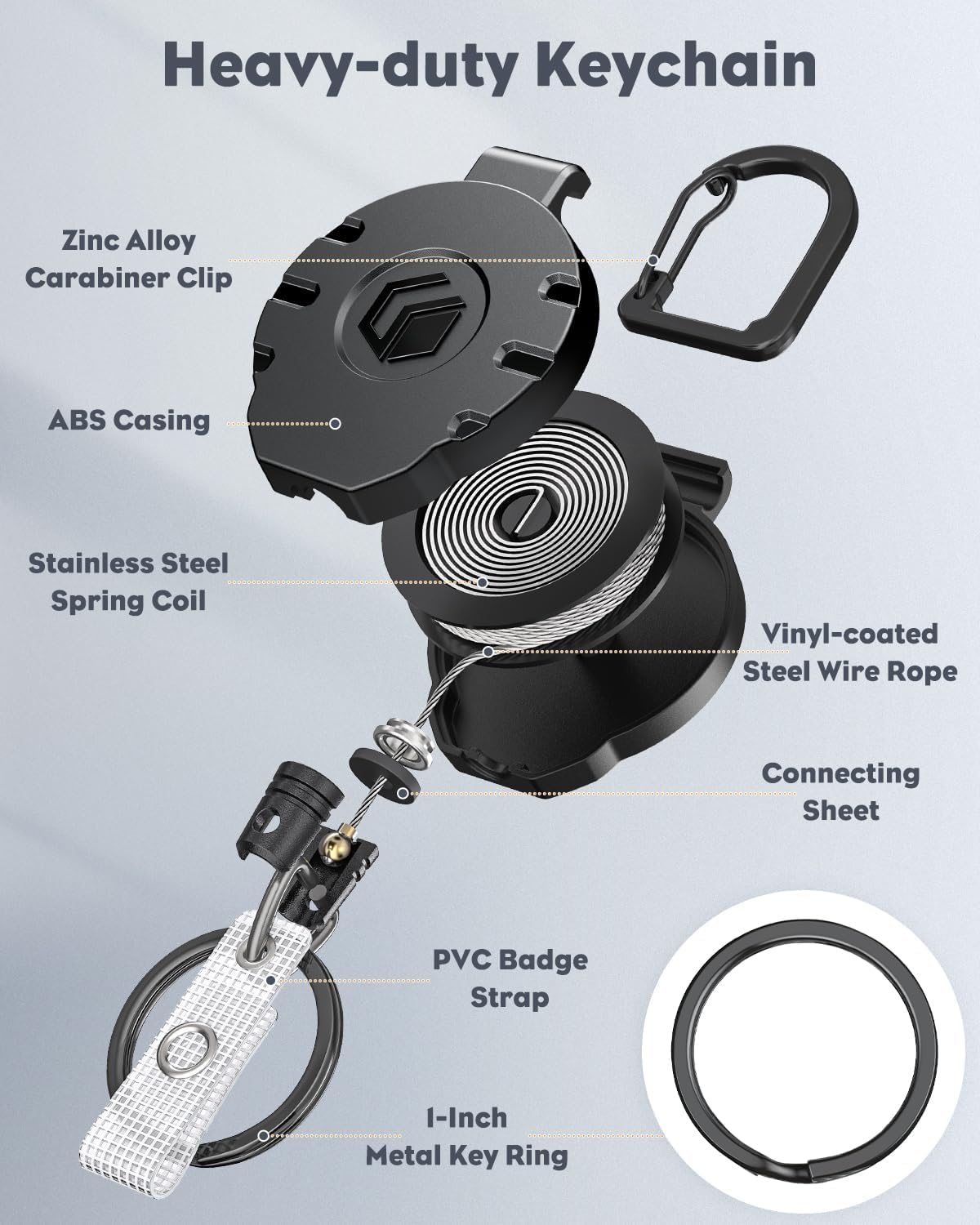 Uniclife 2 Pack Retractable Keychain Heavy Duty Carabiner Badge Holder Tactical ID Badge Reel for up to 8 oz with Stainless Steel 31.5 Inch Steel Wire Rope Retractable Lanyard Clip and Key Ring