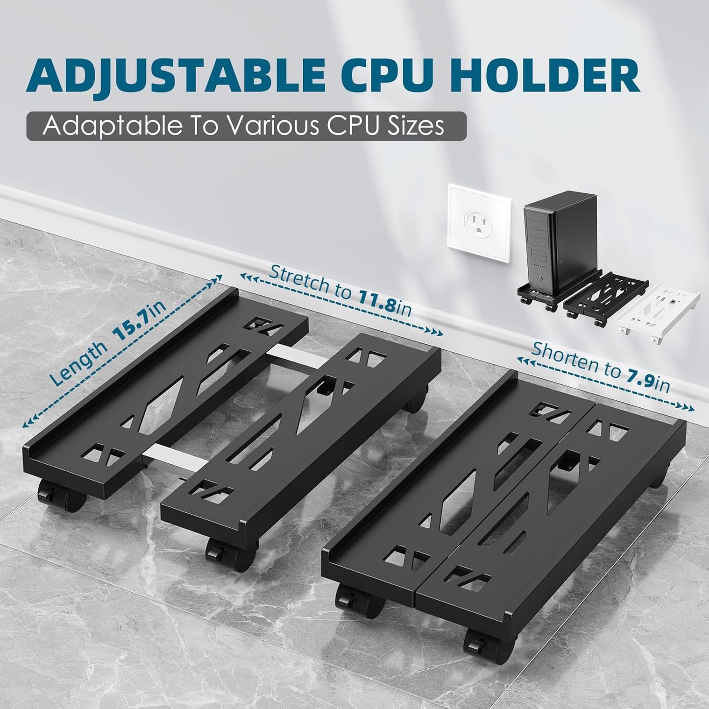 Adjustable Computer Tower Stand, Mobile CPU Stand with 4 Rolling Caster Wheels, Under Desk CPU Holder PC Floor Cart PC Riser for Gamers and Students (Black)