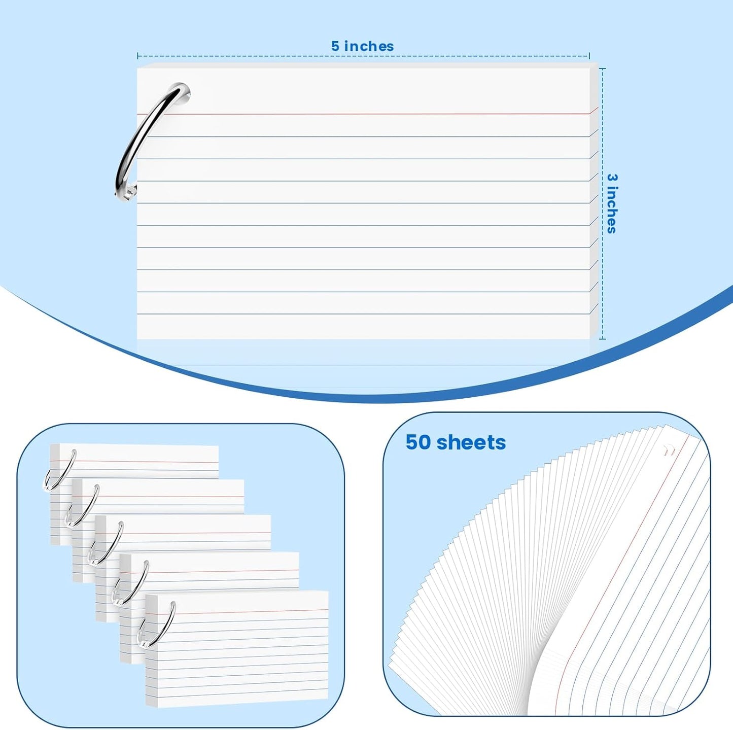 250 Count White Index Cards 3x5 Inch with Key Ring, 180gsm Heavyweight Flash Card (50 Sheets Each), Durable & Portable Note Taking for Students, Teachers, Study Note Cards for Office Home School