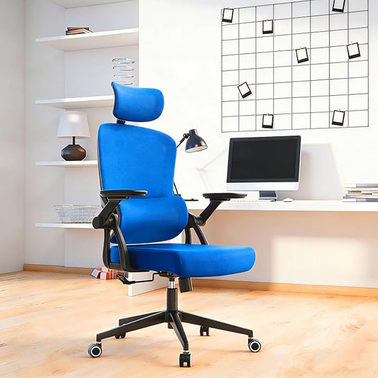 Ergonomic Office Chair - 400LB Comfy Desk Chairs with Adjustable Headrest and Lumbar Back Support, Mesh Computer Chairs with Wheels and Arms for Home Office, Study (218Blue-With Headrest)