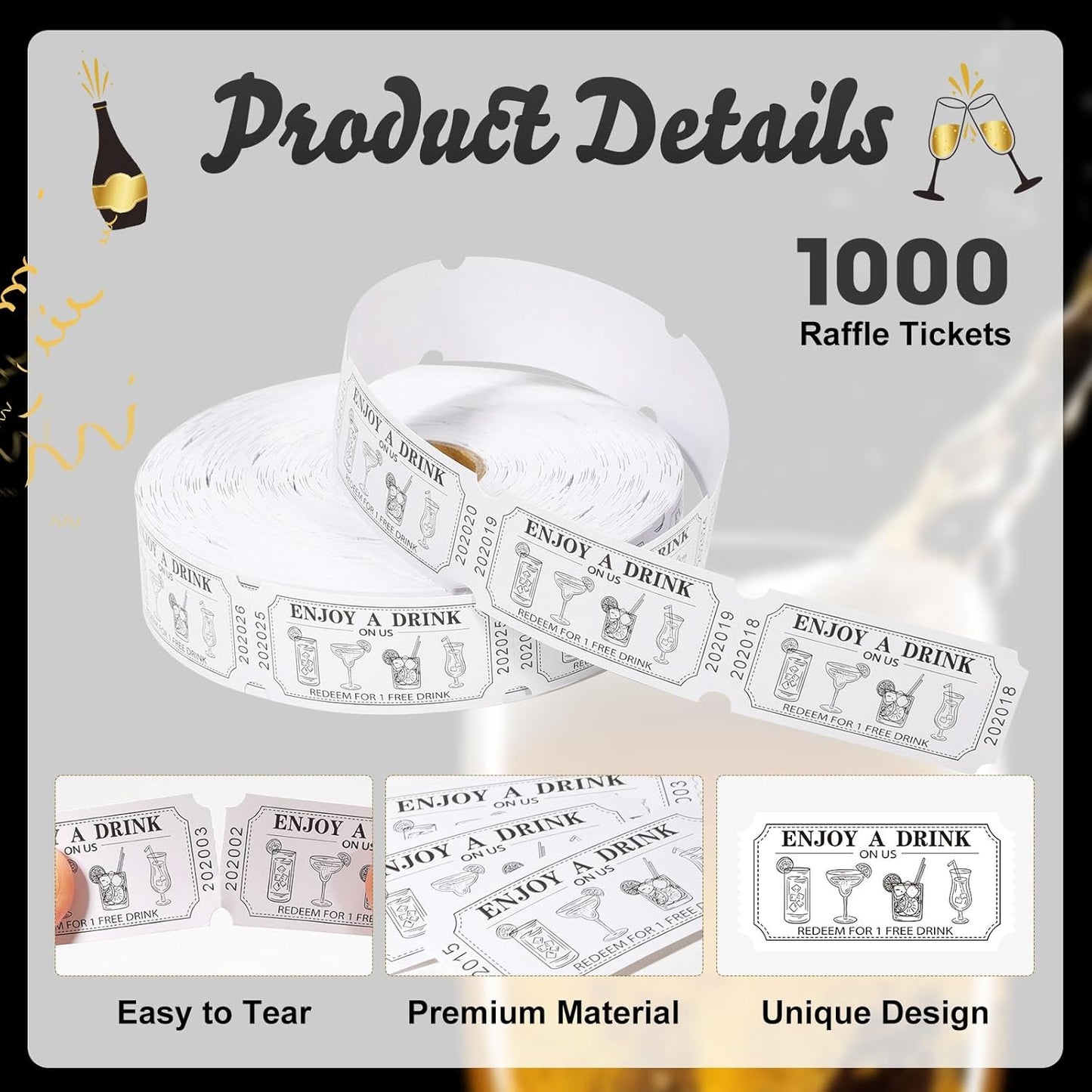 1000 Pcs Drink Ticket Single Raffle Tickets Roll Cocktail Design Free Drink Ticket for Events Wedding Work Formal Parties Leisure Class Reward