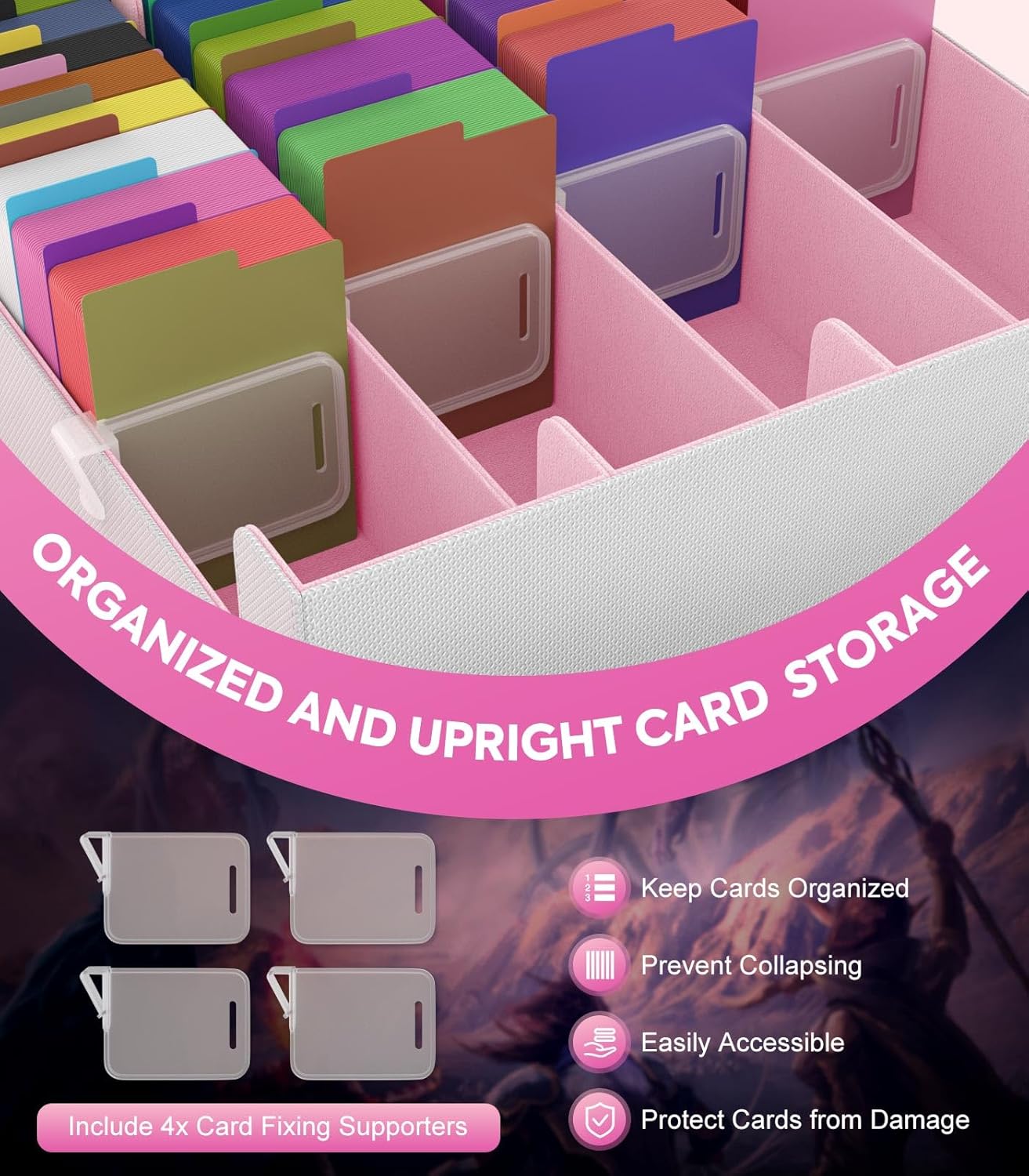 MoKo Trading Card Storage Box, 3000+ MTG Deck Box with 24 Colorful Dividers & 4 Card Supporters, Commander Card Deck Case Fits for Magic Game Cards, YugiOh, TCG, PTG and Sport Cards, White+Pink
