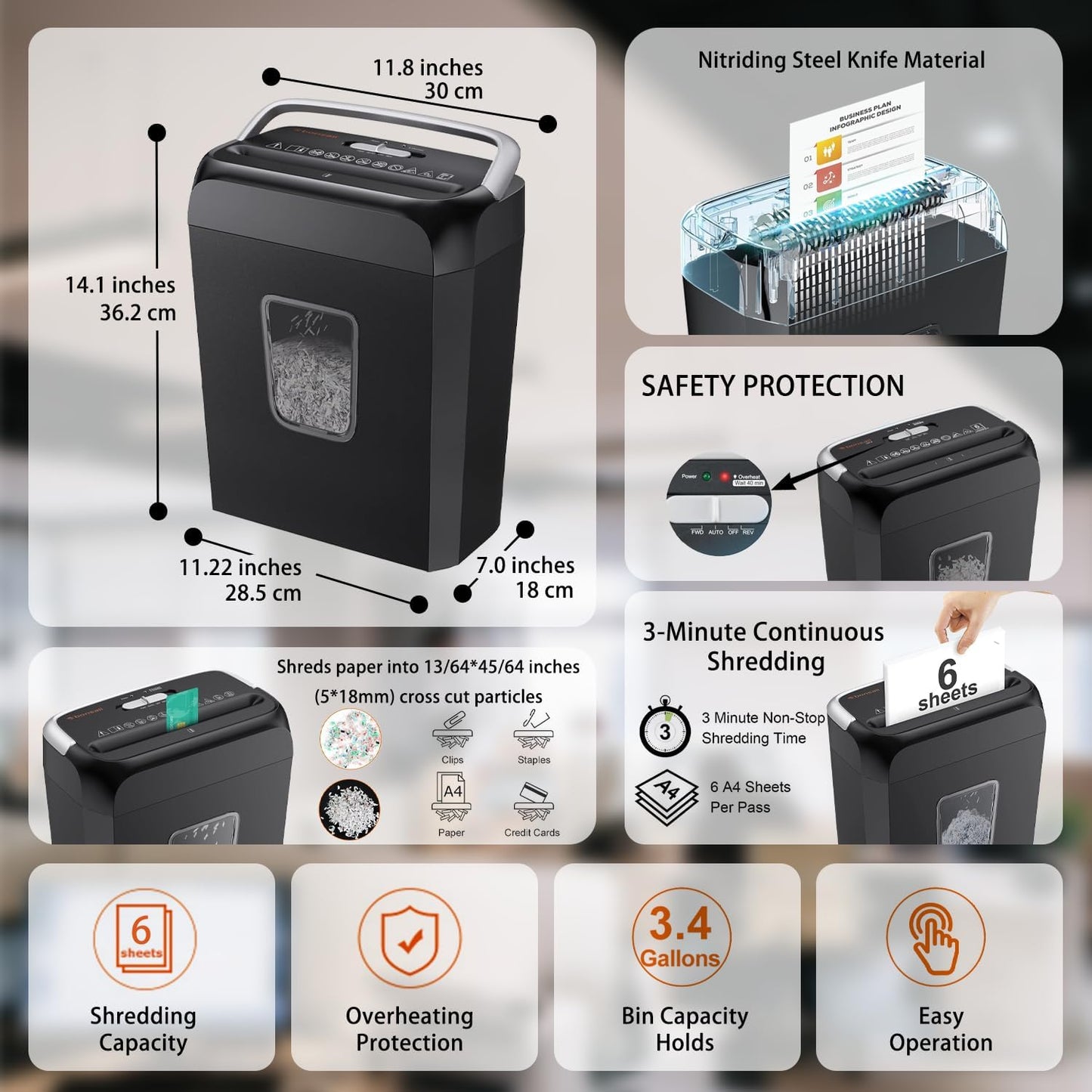 Bonsaii Paper Shredder for Home Office, 6-Sheet Cross-Cut, Shreds Paper, Credit Cards, Mail, Staples & Clips, 3.4-Gallon Clear Bin with Handle