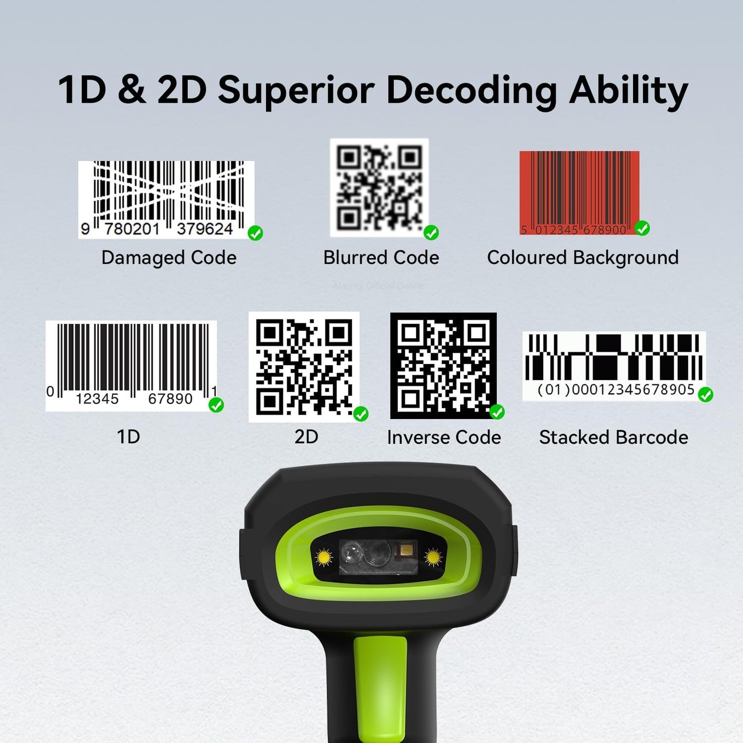 Alacrity Wireless Charging Barcode Scanner, 1D/2D Symbologies, Global Shutter Scan Sensor, Long-Distance 433MHz Wireless & Bluetooth Connectivity, Industrial Shock and Dust-Proof Barcode Reader, Red